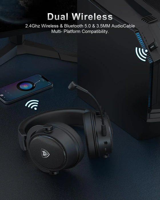 NUBWO® G sērija — bezvadu spēļu austiņas ar 2,4 GHz un Bluetooth 5.3 tehnoloģiju, trokšņu slāpēšanas mikrofonu un stereo skaņu — saderīgs ar PS5 / PS4 / datoru / datoru / tālruni / XBOX / slēdzi