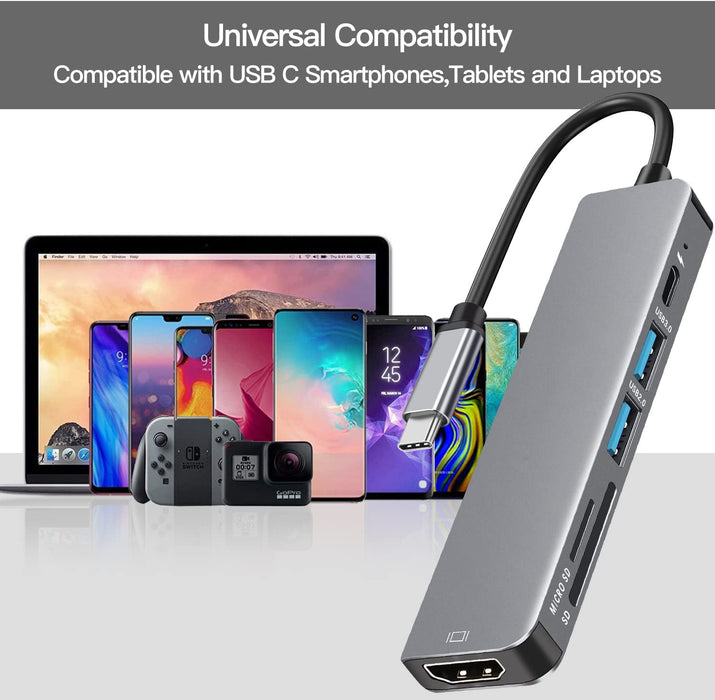 Bakeey 6-in-1 USB-C Hub Adapter - HDMI 4K@30Hz, USB3.0, 100W PD Charging, SD Reader, Witch Splitter - Docking Station for Apple, Huawei Laptops and Macbook - Shopsta EU